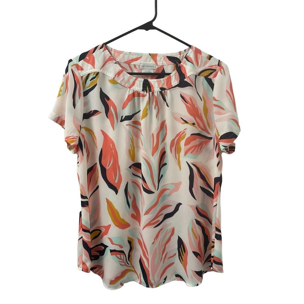 Van Heusen Cream Blouse with Coral, Black & Yellow Leaf Print